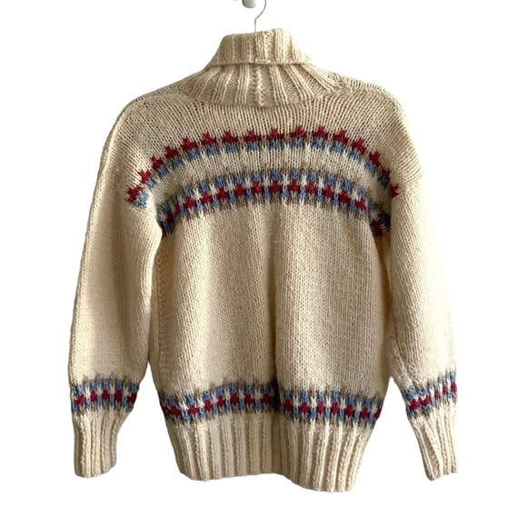 HAND KNIT Wool Chunky Knit Button Front Cardigan Sweater Cream Blue L - Picture 7 of 7